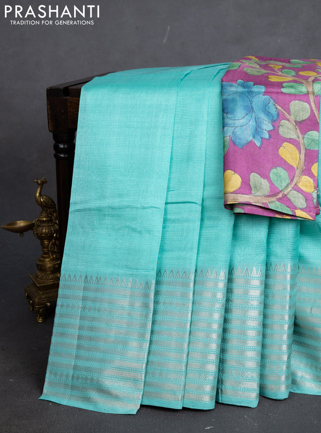 Mangalgiri silk cotton saree teal shade and purple with plain body and silver zari woven border