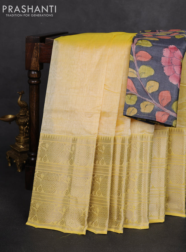 Mangalgiri silk cotton saree yellow and grey with plain body and long annam silver zari woven border