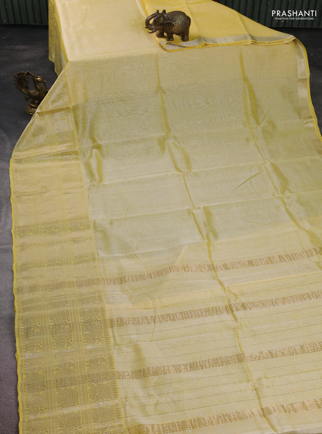 Mangalgiri silk cotton saree yellow and grey with plain body and long annam silver zari woven border