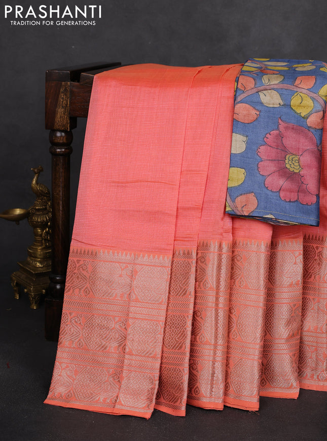 Mangalgiri silk cotton saree peach orange and bluish grey with plain body and long annam silver zari woven border