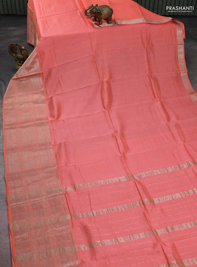 Mangalgiri silk cotton saree peach orange and bluish grey with plain body and long annam silver zari woven border