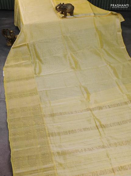 Mangalgiri silk cotton saree yellow and teal green with plain body and long annam silver zari woven border