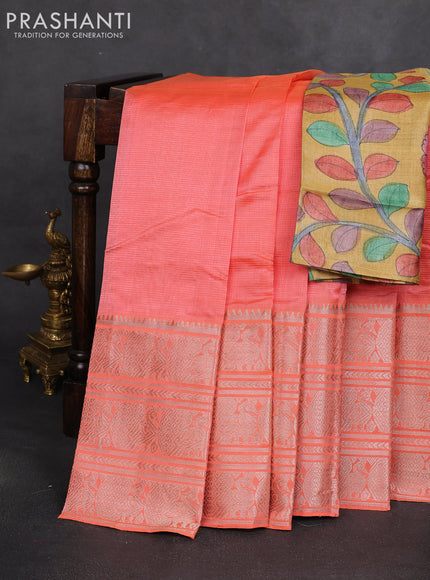 Mangalgiri silk cotton saree peach orange and mustard yellow with plain body and long annam silver zari woven border