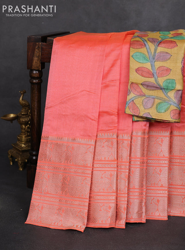 Mangalgiri silk cotton saree peach orange and mustard yellow with plain body and long annam silver zari woven border