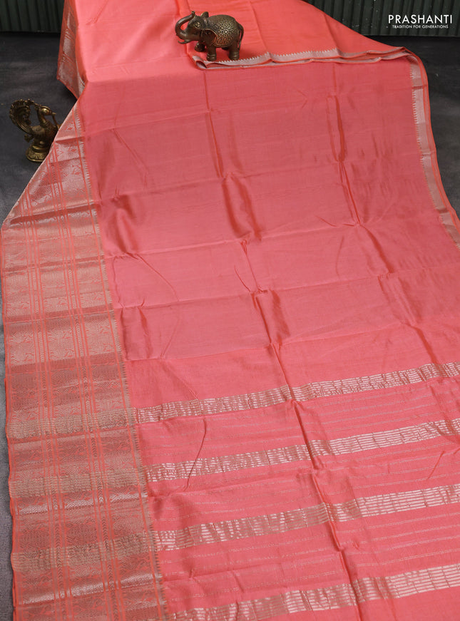 Mangalgiri silk cotton saree peach orange and mustard yellow with plain body and long annam silver zari woven border