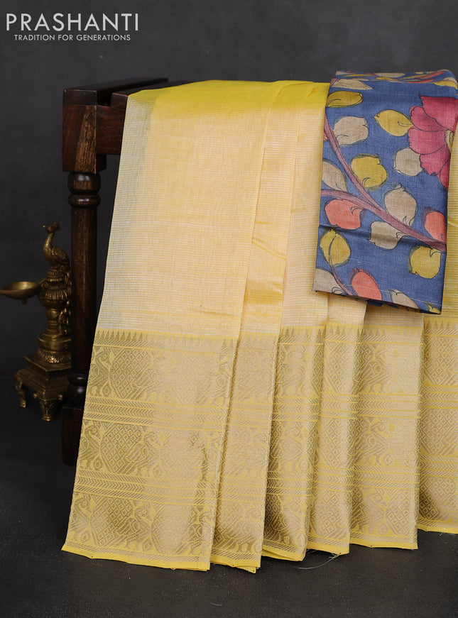Mangalgiri silk cotton saree yellow and bluish grey with plain body and long annam silver zari woven border