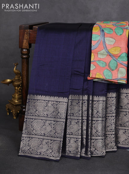 Mangalgiri silk cotton saree navy blue and rust shade with plain body and long annam silver zari woven border