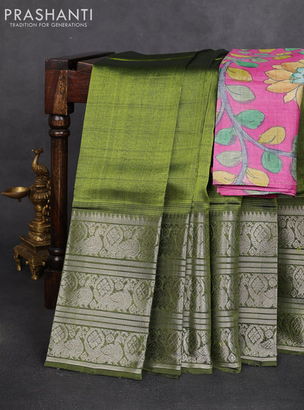 Mangalgiri silk cotton saree mehendi green and magenta pink with plain body and silver zari woven border