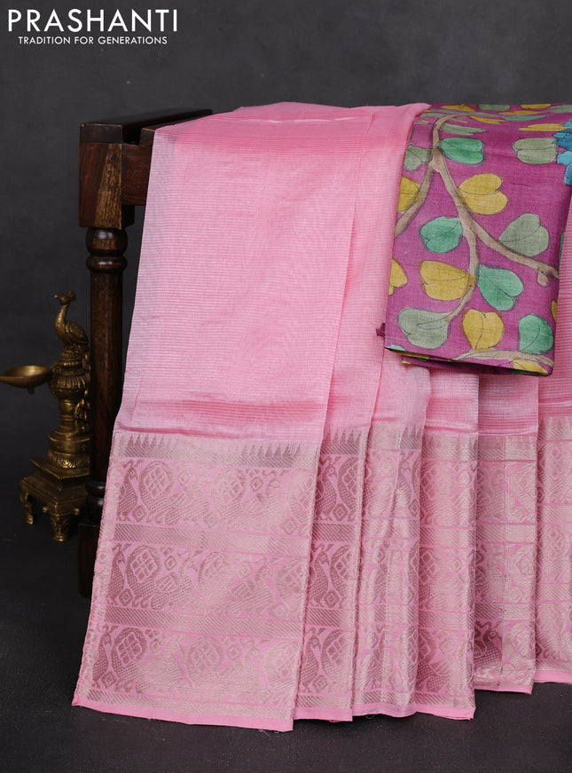 Mangalgiri silk cotton saree light pink and purple with plain body and silver zari woven border