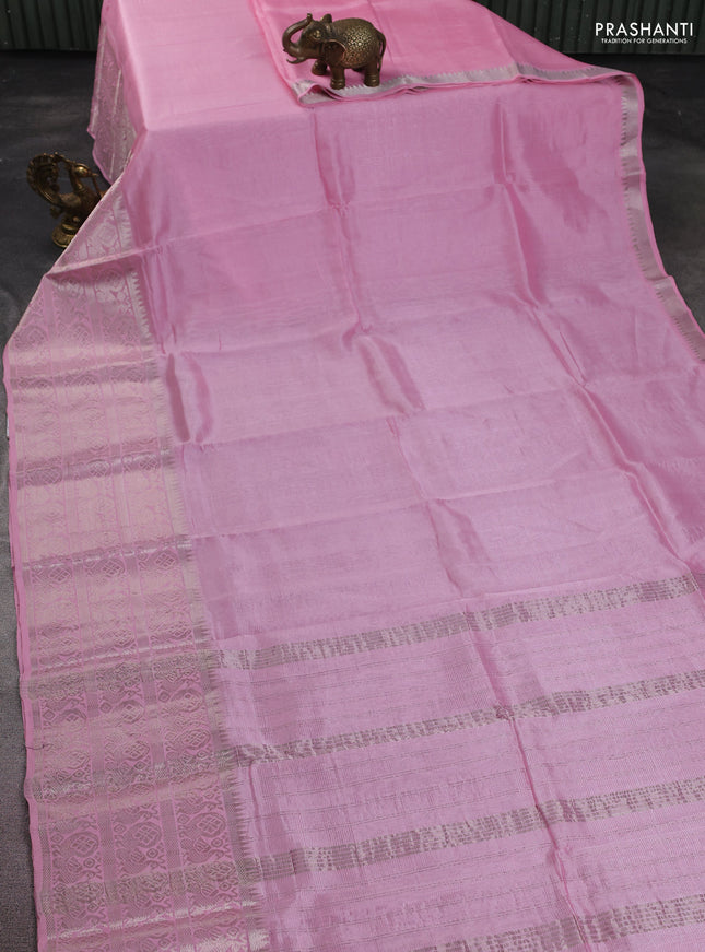 Mangalgiri silk cotton saree light pink and purple with plain body and silver zari woven border