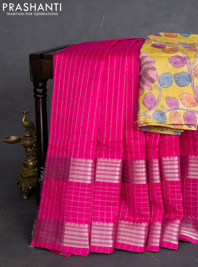 Mangalgiri silk cotton saree pink and mustard yellow with allover silver zari stripe pattern and long rettapet silver zari wove checked border