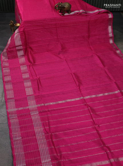 Mangalgiri silk cotton saree pink and mustard yellow with allover silver zari stripe pattern and long rettapet silver zari wove checked border