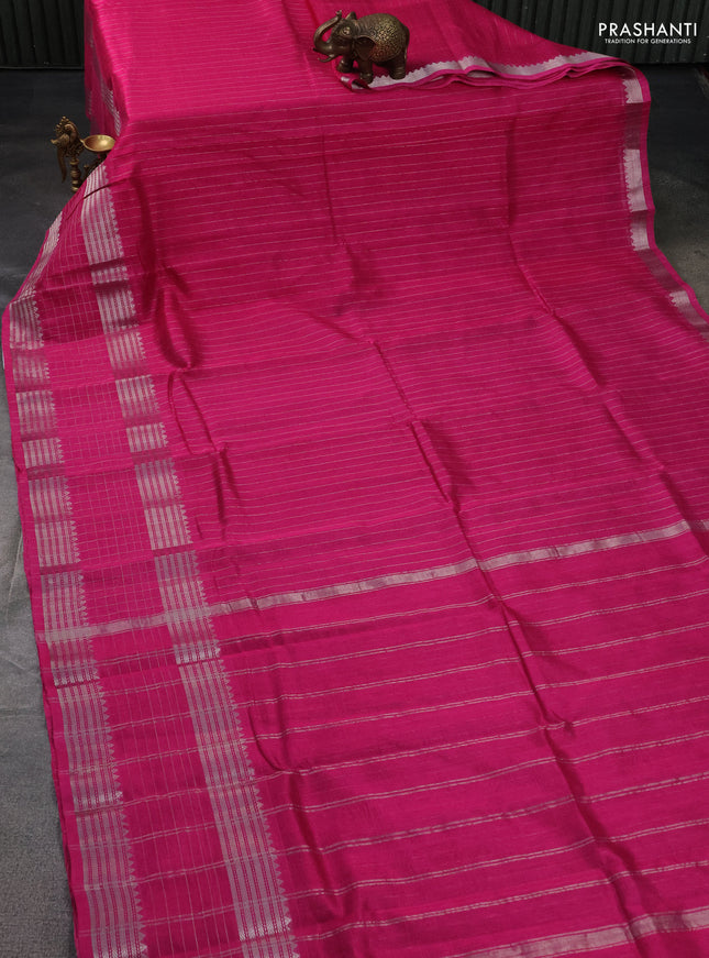 Mangalgiri silk cotton saree pink and mustard yellow with allover silver zari stripe pattern and long rettapet silver zari wove checked border
