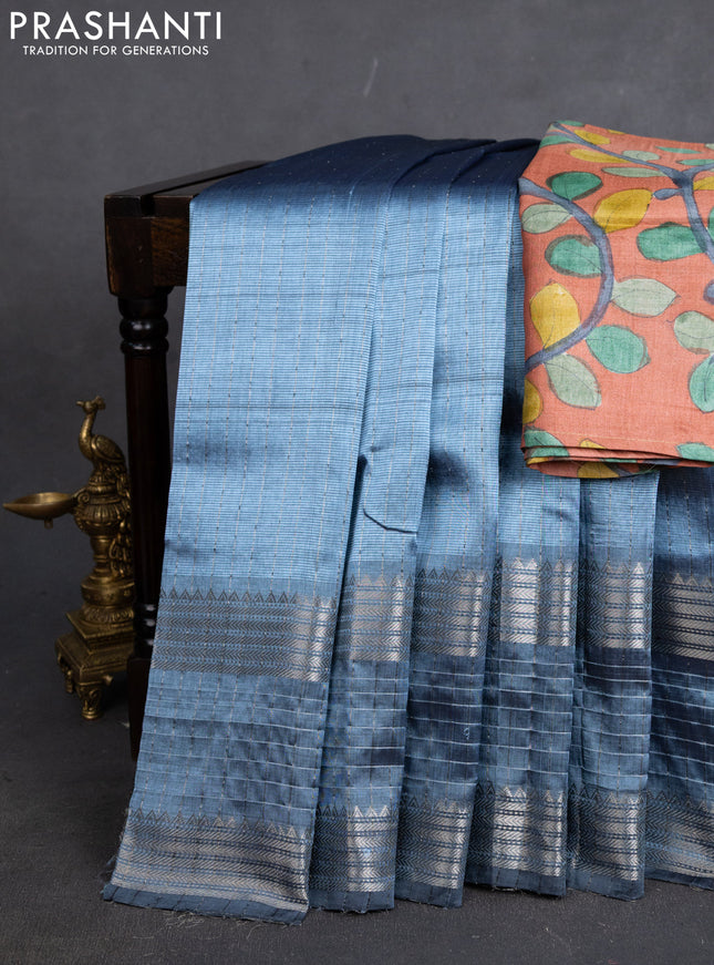 Mangalgiri silk cotton saree pastel blue and rust shade with allover silver zari stripe pattern and long rettapet silver zari wove checked border