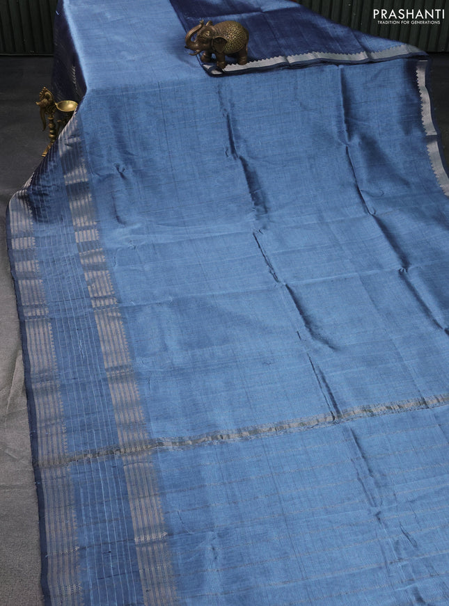 Mangalgiri silk cotton saree pastel blue and rust shade with allover silver zari stripe pattern and long rettapet silver zari wove checked border