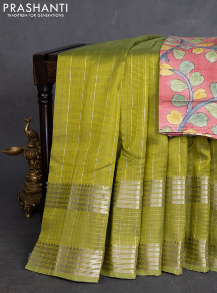 Mangalgiri silk cotton saree light green and pink shade with allover silver zari stripe pattern and long rettapet silver zari wove checked border