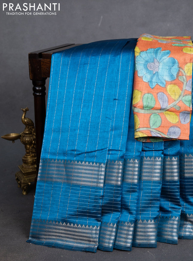 Mangalgiri silk cotton saree cs blue and rustic orange with allover silver zari stripe pattern and long rettapet silver zari wove checked border