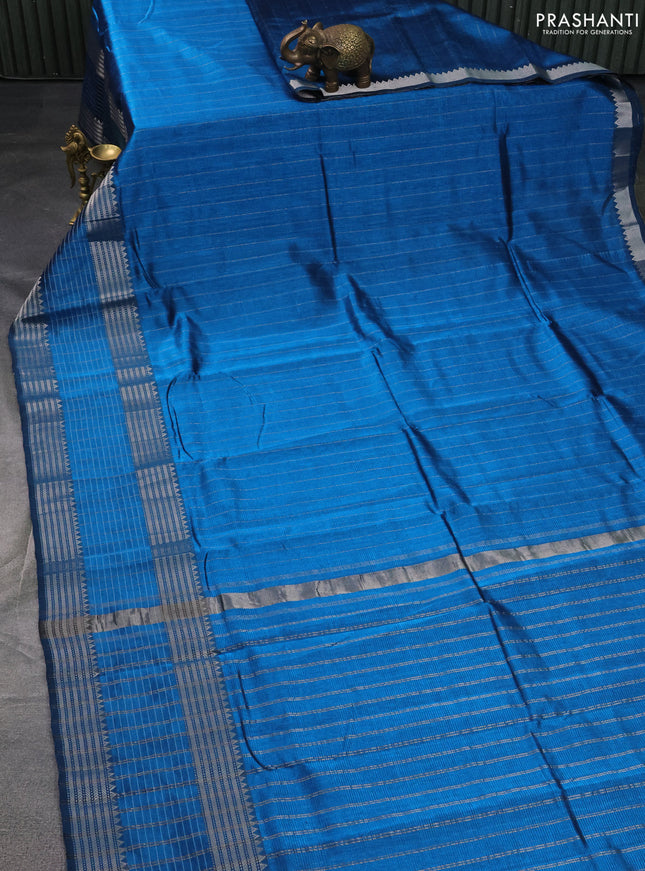 Mangalgiri silk cotton saree cs blue and rustic orange with allover silver zari stripe pattern and long rettapet silver zari wove checked border