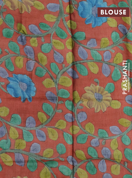 Mangalgiri silk cotton saree cs blue and rustic orange with allover silver zari stripe pattern and long rettapet silver zari wove checked border