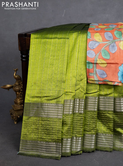 Mangalgiri silk cotton saree light green and rustic orange with allover silver zari stripe pattern and long rettapet silver zari wove checked border