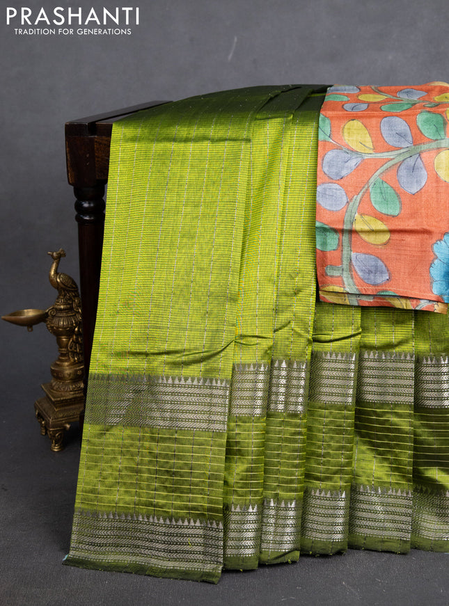 Mangalgiri silk cotton saree light green and rustic orange with allover silver zari stripe pattern and long rettapet silver zari wove checked border