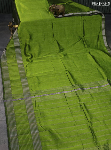 Mangalgiri silk cotton saree light green and rustic orange with allover silver zari stripe pattern and long rettapet silver zari wove checked border