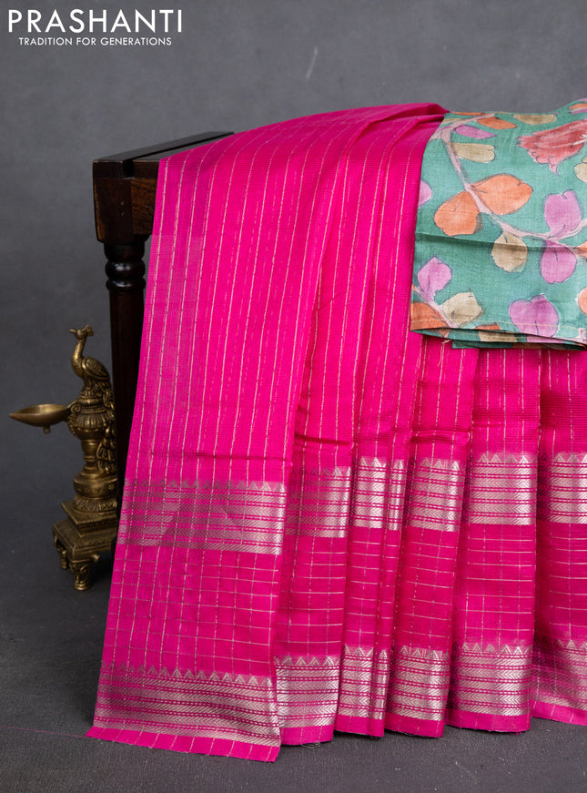 Mangalgiri silk cotton saree pink and green with allover silver zari stripe pattern and long rettapet silver zari wove checked border