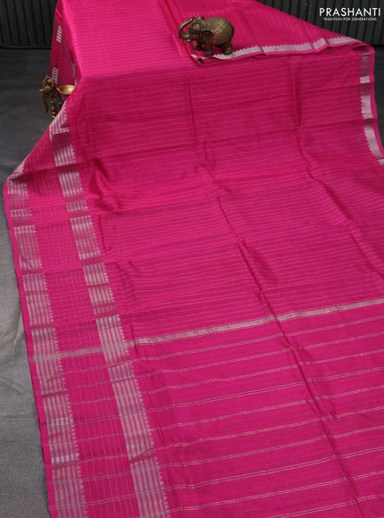 Mangalgiri silk cotton saree pink and green with allover silver zari stripe pattern and long rettapet silver zari wove checked border