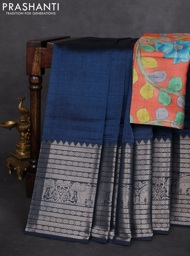 Mangalgiri silk cotton saree peacock blue and rust shade with plain body and long silver zari woven border