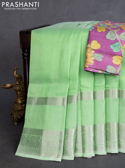 Mangalgiri silk cotton saree green and purple with plain body and long rettapet silver zari woven border