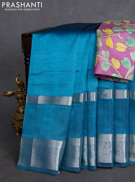 Mangalgiri silk cotton saree peacock blue and purple with plain body and long rettapet silver zari woven border