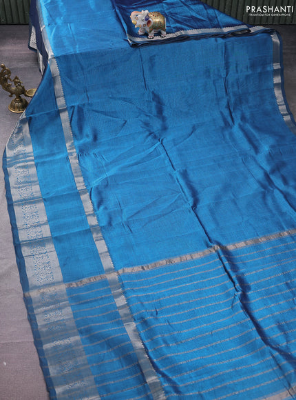 Mangalgiri silk cotton saree peacock blue and purple with plain body and long rettapet silver zari woven border