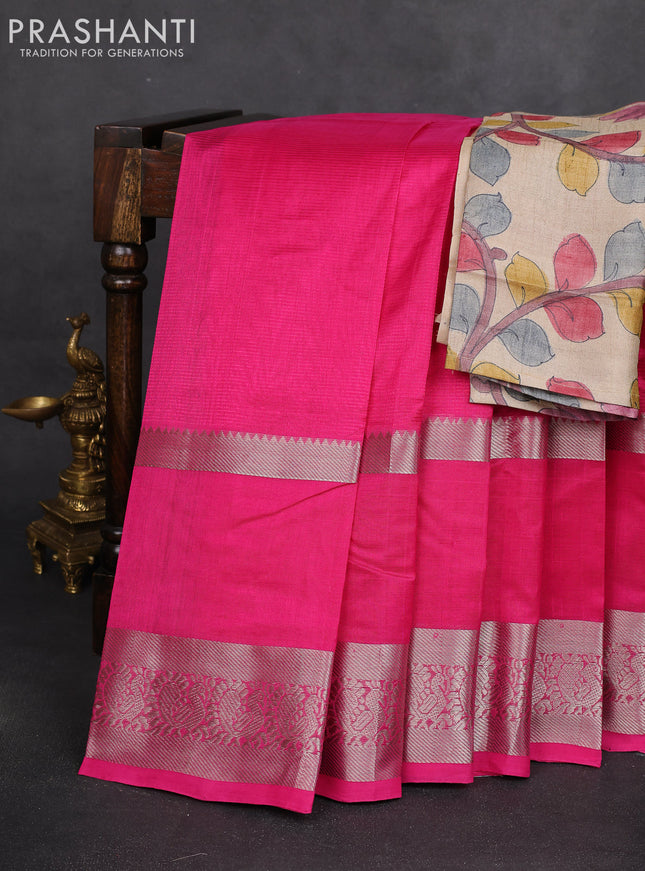 Mangalgiri silk cotton saree pink and beige with plain body and long rettapet silver zari woven border