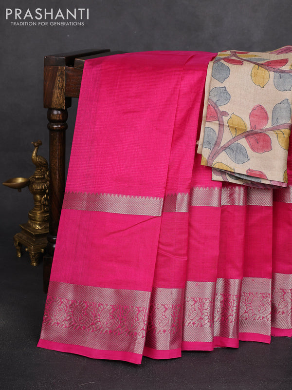 Mangalgiri silk cotton saree pink and beige with plain body and long rettapet silver zari woven border