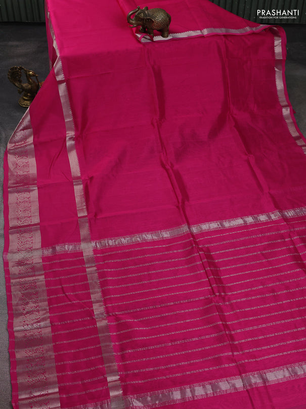 Mangalgiri silk cotton saree pink and beige with plain body and long rettapet silver zari woven border