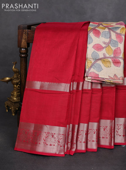 Mangalgiri silk cotton saree maroon and beige with plain body and long rettapet silver zari woven border
