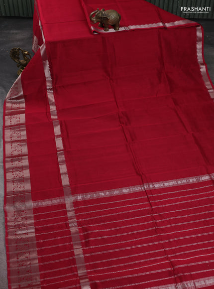 Mangalgiri silk cotton saree maroon and beige with plain body and long rettapet silver zari woven border