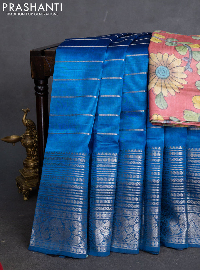 Mangalgiri silk cotton saree cs blue and dark peach with allover silver weaves and long silver zari woven border