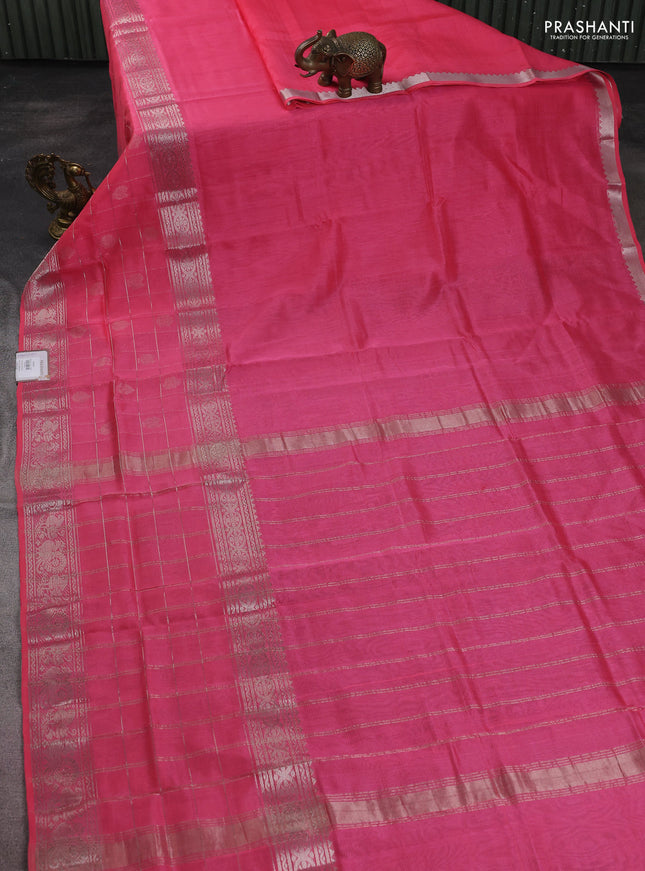 Mangalgiri silk cotton saree candy pink and bluih grey with plain body and long silver zari woven checked border