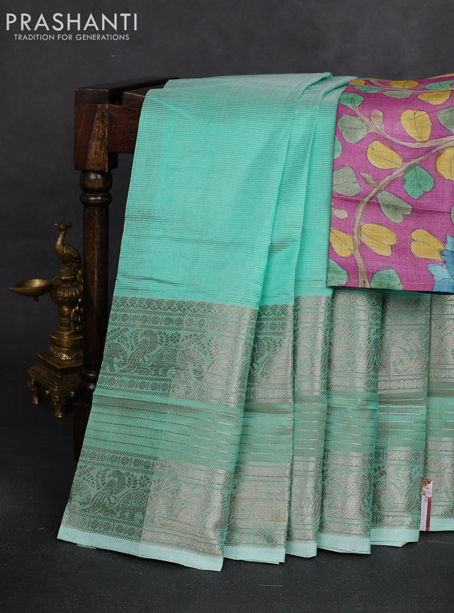 Mangalgiri silk cotton saree teal green and purple with plain body and long silver zari woven checked border