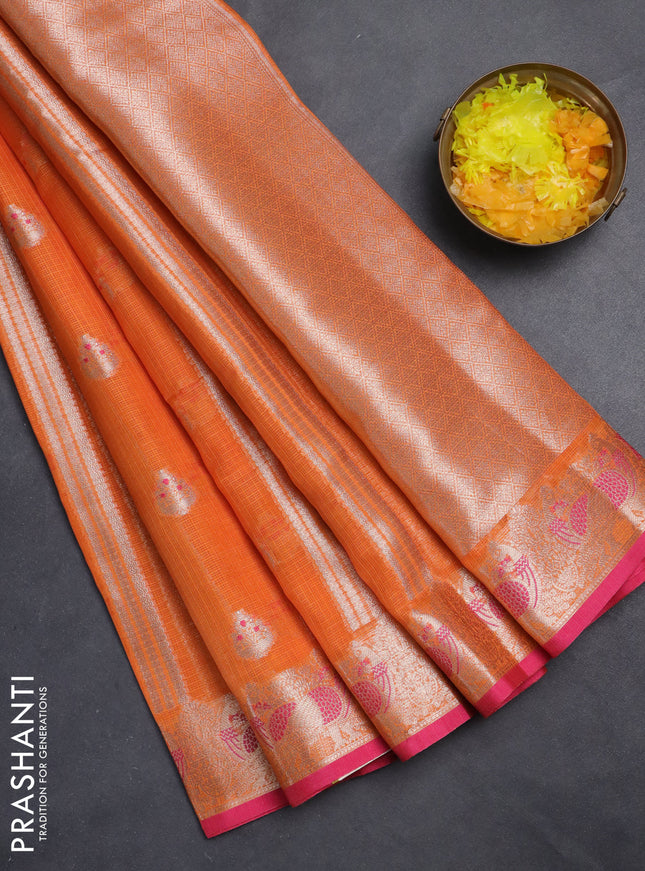 Cotton zari kota saree orange and pink with allover zari weaves & buttas and zari woven border