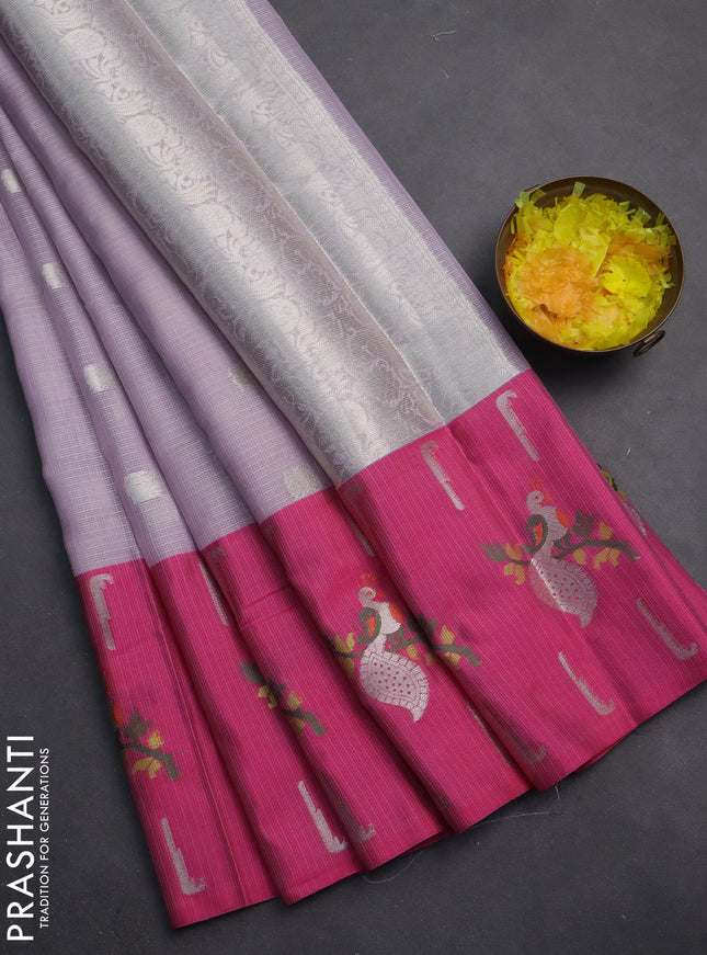 Cotton zari kota saree lavender shade and pink with silver zari woven buttas and peacock design woven border