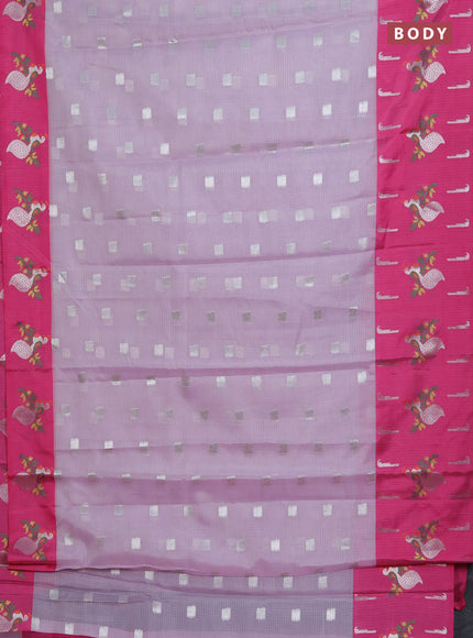 Cotton zari kota saree lavender shade and pink with silver zari woven buttas and peacock design woven border