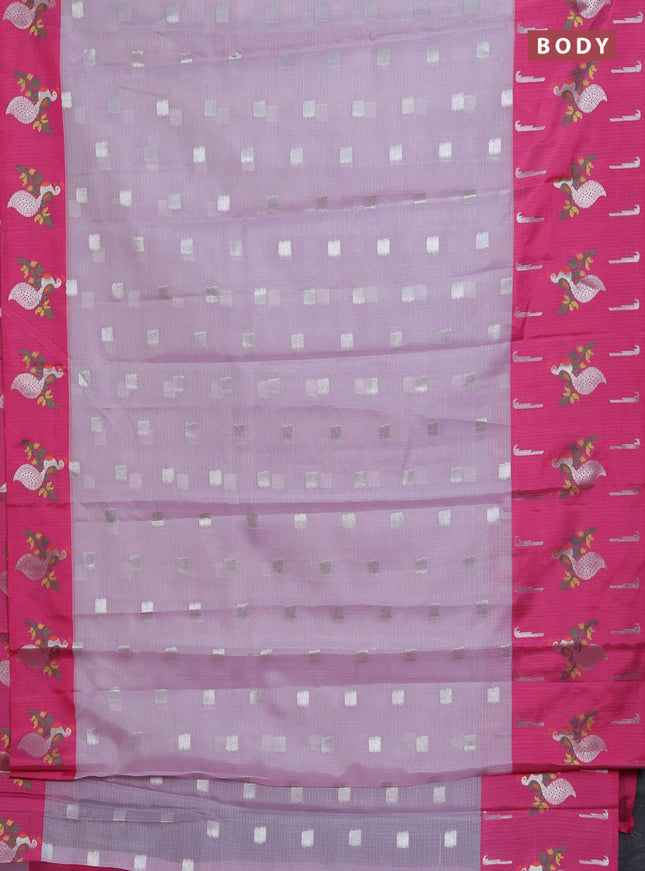Cotton zari kota saree lavender shade and pink with silver zari woven buttas and peacock design woven border