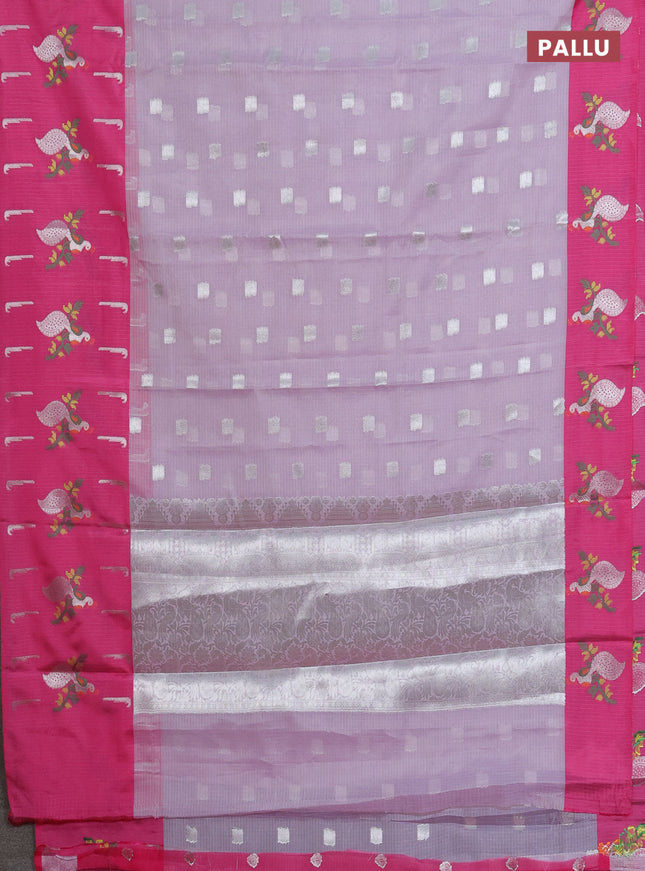 Cotton zari kota saree lavender shade and pink with silver zari woven buttas and peacock design woven border