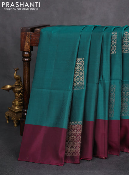 Kanchipuram silk saree peacock blue and wine shade with zari woven buttas and zari woven butta border