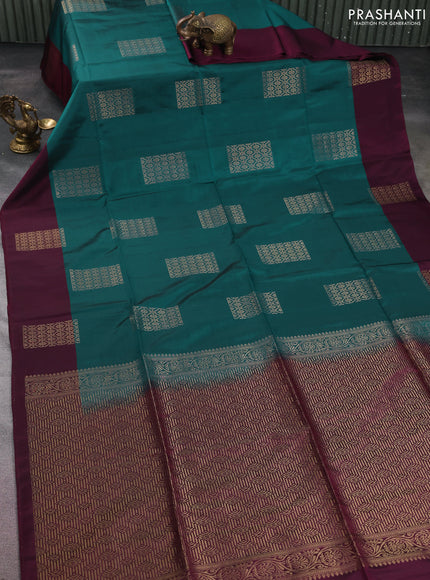 Kanchipuram silk saree peacock blue and wine shade with zari woven buttas and zari woven butta border