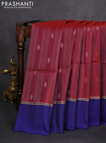 Kanchipuram silk saree dual shade of maroon and blue with allover zari weaves and zari woven simple border