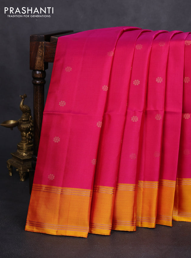 Pure soft silk saree pink and mustard yellow with zari woven floral buttas and rettapet zari woven border