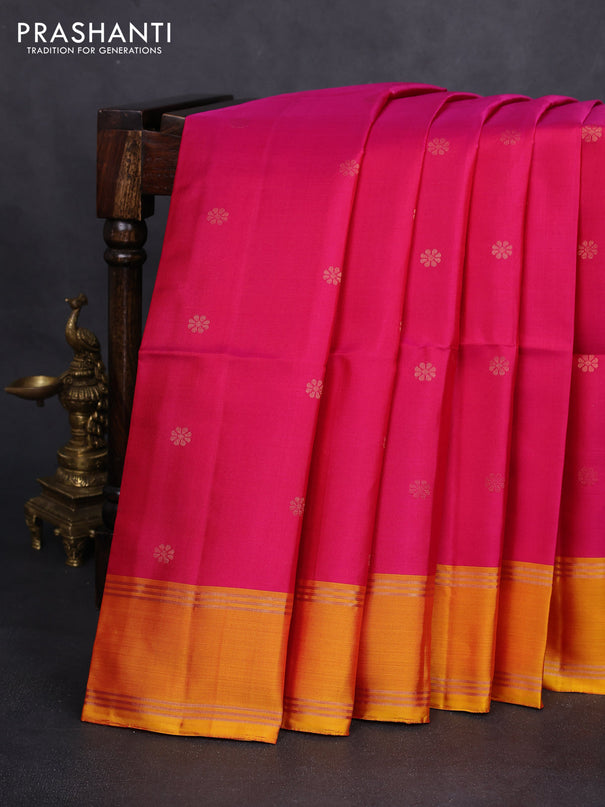 Pure soft silk saree pink and mustard yellow with zari woven floral buttas and rettapet zari woven border